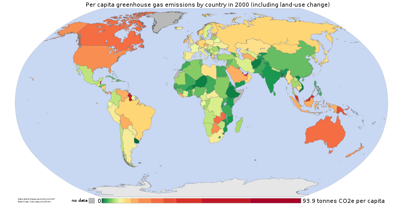 Per capita greenhouse gas emissions by country including land-use change