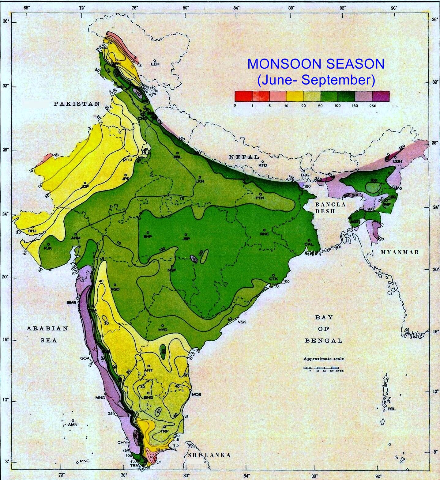 Normal Seasonal Railfall in cm for Monsoon Season between June to Sep