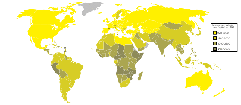A map showing the average daily calorie consumption in countries all over the world