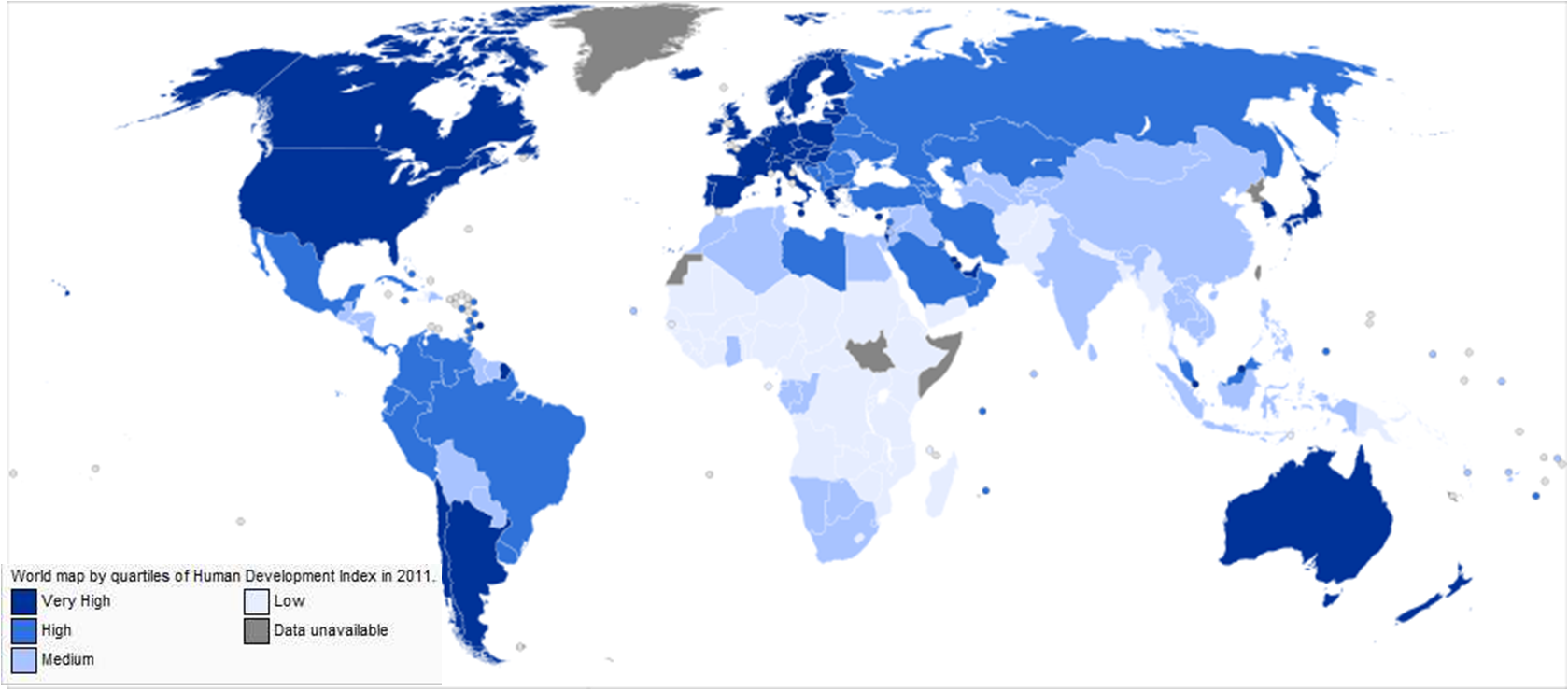 World map by quartiles of Human Development Index in 2011.