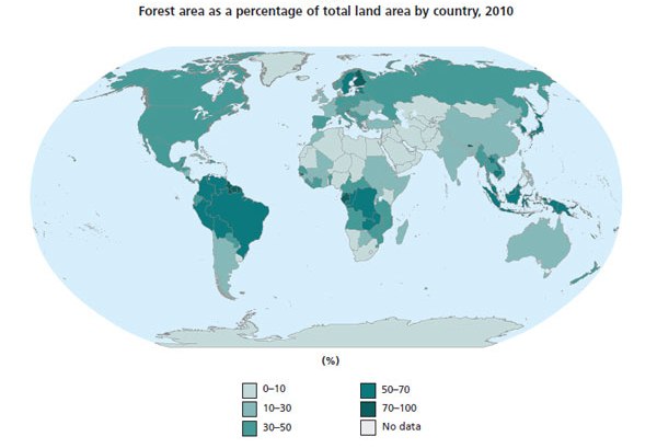 Forest area as a percentage of total land area by country