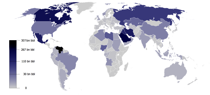 A map of world oil reserves, January 2014