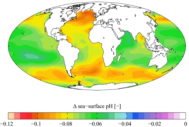 Estimated change in annual mean sea surface pH between the pre-industrial period (1700s) and the present day (1990s)